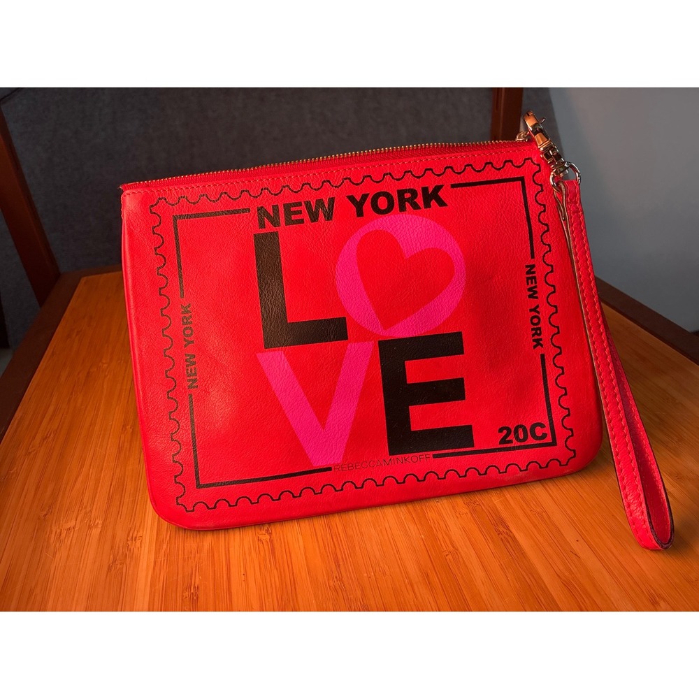 Rebecca Minkoff New York Love Stamp Red Leather Wristlet Pouch Clutch Bag